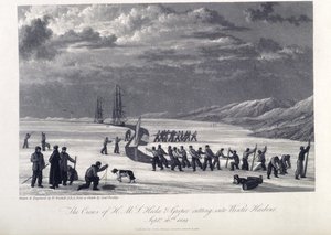 Posádka H.M.S. Hecla a Griper zasahující do zimního přístavu, 26. září 1819, ilustrace z 
