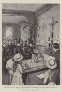 Královská návštěva Dublinu, princezna Jindřich z Battenbergu a vévodkyně z Connaughtu v dětské nemocnici v Temple Street litho od William A. Donnelly