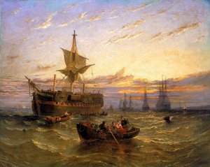 Britská východoindická obchodní loď na Temži (Anglie). Olej na plátně, William Adolphus Knell (1802-1875).