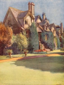 "Mansiones" ve Worcester College; pozůstatek sálu benediktinských mnichů (barevná litografie)