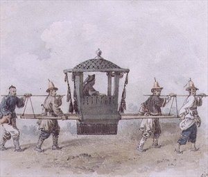 Čínští sluhové nesoucí Palanquin (akvarel)
