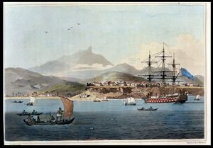 Porto Praya na ostrově St. Jago, deska 4 z „Voyage to Cochinchina“ od Johna Barrowa (1764-1848), vyryto Thomasem Medlandem (1755-1823) 1806 (akvatinta)
