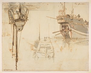 f.58 145v Boat.‘ Řeka Lim-po. 20. listopadu.“  , z alba 372 kreseb krajin, pobřeží, kostýmů a každodenního života vytvořených během velvyslanectví lorda Macartneyho u čínského císaře v letech 1792 až 1794 (tužka a akvarel na papíře) od William Alexander