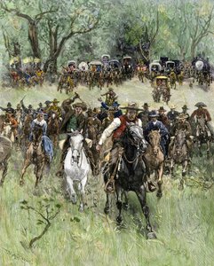 Spojené státy americké, Oklahoma State: West Conquete. Majitelé nakládající na signál v západní Oklahomě během pozemkové horečky od William Allen (after) Rogers