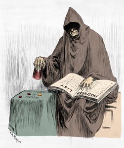 Který? Osud nebo nedostatek záchranných člunů? Odkaz na potopení Titaniku a příčiny katastrofy. Ilustrace William Allen Rogers (1854-1931) publikovaná v „New York Herald“ 17/04/1912