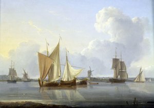 Příjezd do Limehouse v Londýně (Anglie), různé lodě na Temži a mlýn na břehu, vpravo Greenwichská nemocnice. Olej na plátně, kolem roku 1820, autor William Anderson (1750-1778).