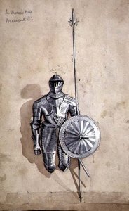 Studie brnění v Baronově sále, hrad Brancepeth, Durham (akvarel a tužka na papíře)