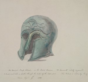 Starověká mosazná přilba z Britského muzea, Holborn, Londýn, 1784