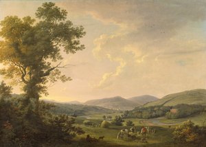 Krajina s Haymakers a vzdálený pohled na gruzínský dům, kolem 1780 (olej na plátně)