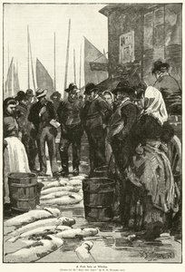 Prodej ryb ve Whitby (rytina) od William Barnes (after) Wollen