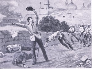 Carrying the Charbagu Bridge, Lucknow 25. září 1857, ilustrace z britských bitev na souši a na moři, 1915 od William Barnes Wollen