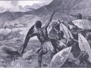 Boje v Matopos Hills: obvinění z Matabele, ilustrace z Cassells History of England, 1900s od William Barnes Wollen