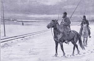 Hlídání železnice poblíž Mukden, ilustrace z Cassells Historie rusko-japonské války Vol 1, kolem roku 1900 od William Barnes Wollen