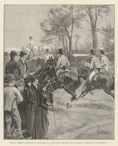 Steeplechase Dolní sněmovny v Rugby, 29. března, Rush u prvního plotu, pan A E Pease, poslanec, v čele s Norah Creinovou od William Barnes Wollen