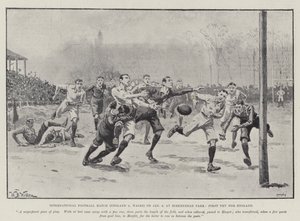 Mezinárodní fotbalový zápas (Anglie proti Walesu) 6. ledna v Birkenhead Parku, první pokus pro Anglii od William Barnes Wollen