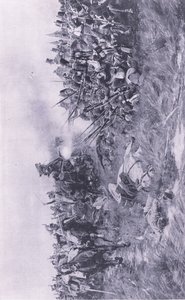 28. st Gloucester Regiment přijímá francouzskou jízdu u Waterloo 18. června 1815, ilustrace z britských bitev na souši a na moři, 1915 od William Barnes Wollen