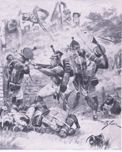 Útok na zeď v Hougomont: Waterloo 1815, ilustrace z britských bitev na zemi a moři, 1915 od William Barnes Wollen