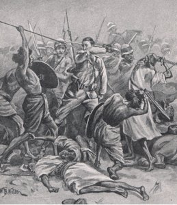 Náměstí v Abu-Klea, 17. ledna 1885, ilustrace z britských bitev na zemi a na moři, 1915 od William Barnes Wollen