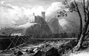 Zámek Beaucaire a most lodí přes Rhonu, Francie, 1824.