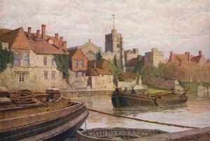 Maidstone, zadní část starobylého paláce, kostel a Stará kolej z druhé strany řeky Medway (barevná litografie)