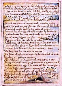 "Corroding fires he wrote the following...", text z knihy "The Marriage of Heaven and Hell", cca 1790-3 (reliéfní lept dokončený perem a akvarelem) od William Blake