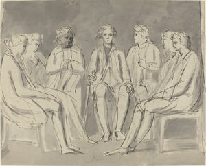 Skupina mužů sedících v kruhu [recto] od William Blake