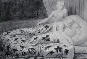 Har a Heva spí s Mnethou, která je hlídá, ilustrace z 