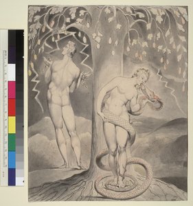 Ilustrace 9 k Miltonovu Ztracenému ráji: Pokušení a pád Evy od William Blake