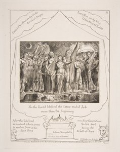 Job a jeho manželka se vrátili k prosperitě, z ilustrací Knihy Job, 1825-26. od William Blake