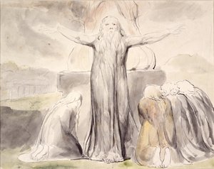 Jobova oběť: A můj služebník Job se za tebe bude modlit (pero a inkoust s akvarelem na papíře) od William Blake