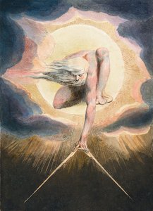 The Ancient of Days - Urizen měřící hmotný svět - Urizen měřící materiální svět. Ilustrace frontispisu knihy „“ Evropa. K proroctví." Kresba William Blake (1757-1827) od William Blake
