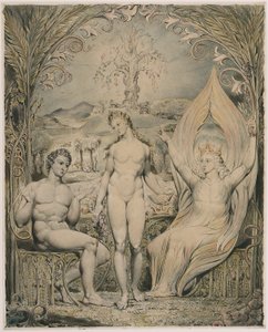 Archanděl Rafael s Adamem a Evou (ilustrace k Miltonovu dílu „Ztracený ráj“) od William Blake