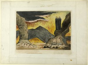 Kruh falšovatelů: Dante a Virgil si ohrnují nos kvůli smradu. Inferno, zpěv XXIX od William Blake