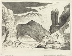 Kruh falzifikátorů, Dante a Virgil si kvůli zápachu ohrnují nos, 1827. od William Blake