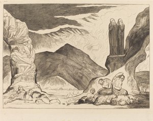 Kruh falzifikátorů: Dante a Virgil si ohrnují nos kvůli sv od William Blake