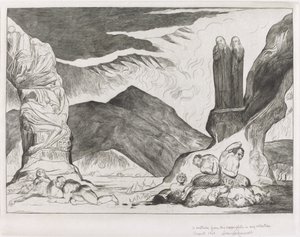 Kruh falšovatelů: Dante a Virgil si ohrnují nos kvůli smradu od William Blake