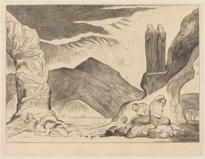 Kruh padělatelů: Dante a Vergilius si zakrývají nosy kvůli zápachu od William Blake