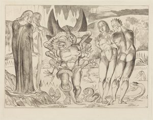 Kruh zlodějů; Agnolo Brunelleschi napaden šestinohým hadem od William Blake