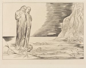 Kruh zrádců; Dantova noha zasahuje Bocca degli Abbate od William Blake
