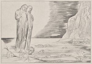 Kruh zrádců: Dantova noha strkující Bocca degli Abbate, od Dantova Pekla, ilustrace zpěvu XXXII po Dantovu Božskou komedii od William Blake