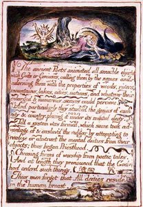 "Starověcí básníci...", ilustrace a text z "Svatba nebes a pekla", kolem 1790-3 (reliéfní lept hotový perem a akvarelem) od William Blake