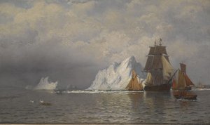 Velrybářské a rybářské lodě poblíž pobřeží Labradoru, kolem roku 1880 (olej na plátně)
