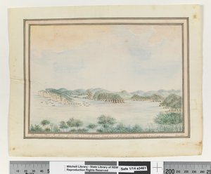 Opp. p. 123. `Pohled na Port Jackson z South Head vedoucí k Sydney; Zásobování pluje.