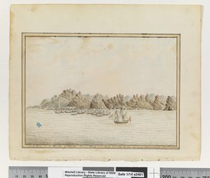 Opp. p. 19. `Santa Cruz na jihovýchodní straně Tenerife; Sirius & Convoy in the Roads. Červen 1787. The Peak Shewing in a Gap between two other Mountains