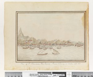 Opp. p. 37. `Město St. Sebastians, Rio Janeiro: Sirius & Convoy at Anchor. 1787