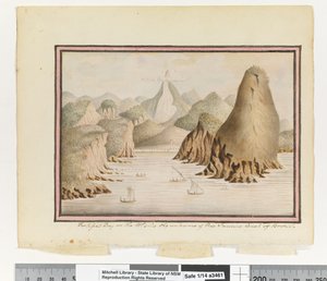 Opp. p. 38. „Opevněná zátoka na západní straně vchodu do brazilského pobřeží Rio Janeiro“, kolem 1802 (akvarel)