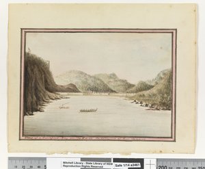 Opp. p. 39. „Pohled na opevněnou zátoku na straně E u vchodu do Rio Janeira“, kolem roku 1802 (akvarel)