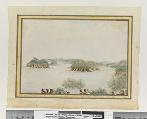 Opp. p. 93. `JZ. Arm of Broken Bay New South Wales z ostrova u vchodu. září 1789