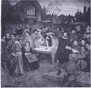 Podpis Národní smlouvy na hřbitově Greyfriars 1638, z knihy Cassells History of the British People vydané společností Waverley Book Company Limited, cca 1940. od William Brassey Hole