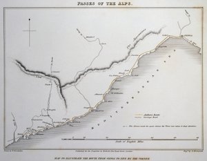 Mapa průsmyků v Přímořských Alpách, pobřežní silnice mezi Janovem a Nice, z Ilustrace průsmyků Alp, kterými Itálie komunikuje s Francií, Švýcarskem a Německem, William Brockedon (1787-1854), rytina na mědi, Londýn